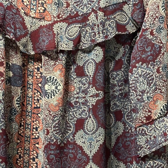 Knox Rose size XXL purple print semi sheer ruffles Boho long sleeve top - Picture 2 of 8